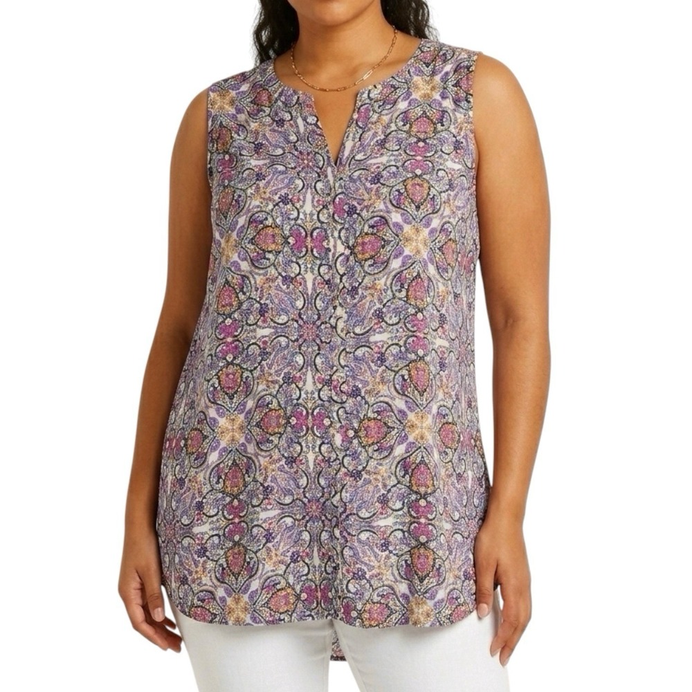 SPENCE Sleeveless Tunic sz XL Multicolor Floral Damask Button Up Chiffon Boho